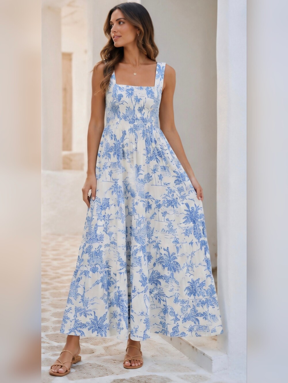 Joie Blue White Tropical Print Smocked Linen Blend Maxi Dress 8 Resort Coastal